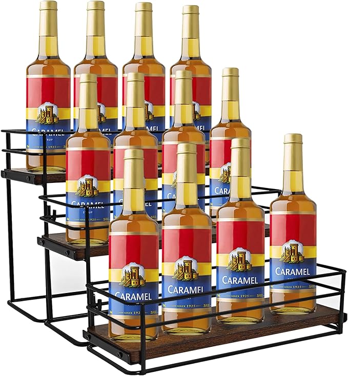 12 Bottle Coffee Syrup Organizer Rack, 3-Tier Syrup Holder Stand for Coffee Bar, Kitchen Countertop Storage Shelf for Wine, Liquor & Condiment Bottles Display