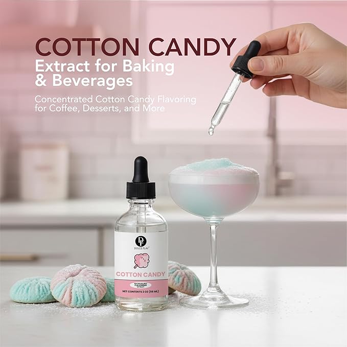 Dolce Flav Natural Cotton Candy Extract – 2 Ounce Water-Soluble Kosher, Sugar-Free, Concentrated Carnival-Style Flavoring for Baking, Frostings & Drinks, Includes Measured Dropper