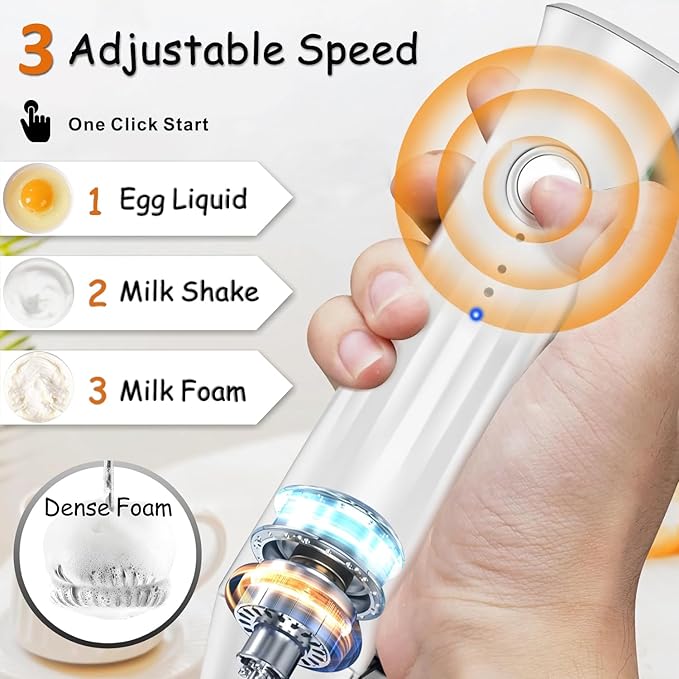 Rechargeable Milk Frother Wand 3 in 1, Handheld Drink Mixer Electric Whisk Stirrer Coffee Foam Frother with 3 Stainless Steel Whisks, 3 Speeds, Protein Powder Mixer for Cappuccino, Xmas Gift, White