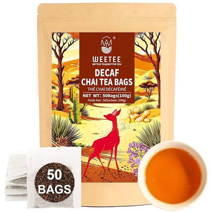 WT WEETEE Decaf Chai Tea Bags 50 Count, Blend CO2 Decaffeinated Black Tea with 6 Spices Chai, Rich & Cinnamon Aroma, Dairy & Flavoring Free
