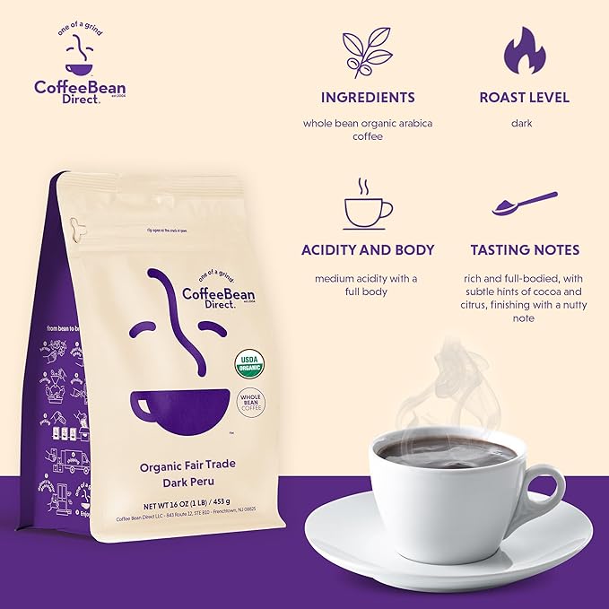 Coffee Bean Direct Organic Fair Trade Dark Peru, Whole Bean Coffee, Dark Roast, 1 Pound Bag (Pack of 1)