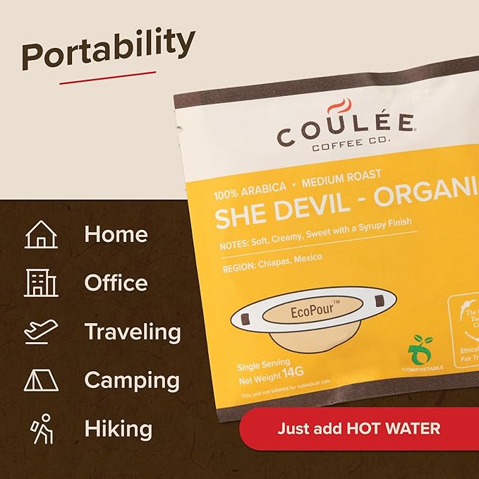 Coulée EcoPour She Devil Coffee, Single Serve Pour Over Arabic Coffee, Medium Roast, Use for Camping or Traveling, Pre Filled Compostable Filters, Ready to Brew with Hot Water, 10 Pack