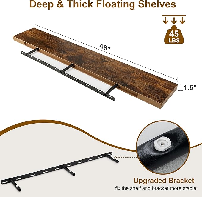 Fun Memories Floating Shelves for Wall, 48Inch Long Floating Shelves Set of 1, Hanging Shelf with Invisible Brackets, Wood Shelves for Living Room, Bedroom, Kitchen, Brown