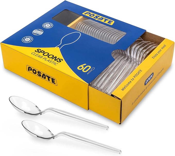 POSATE Heavy Duty Plastic Spoons, Clear Disposable, Pack of 60