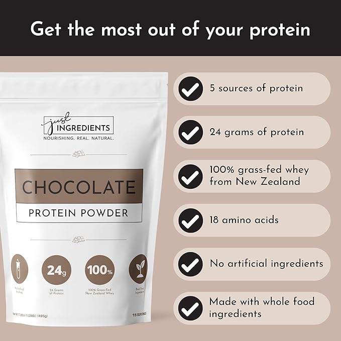 JUST INGREDIENTS Protein Powder - Chocolate, Grass-Fed Whey, Organic Whole Food Blend - 15 Servings, 24g Protein