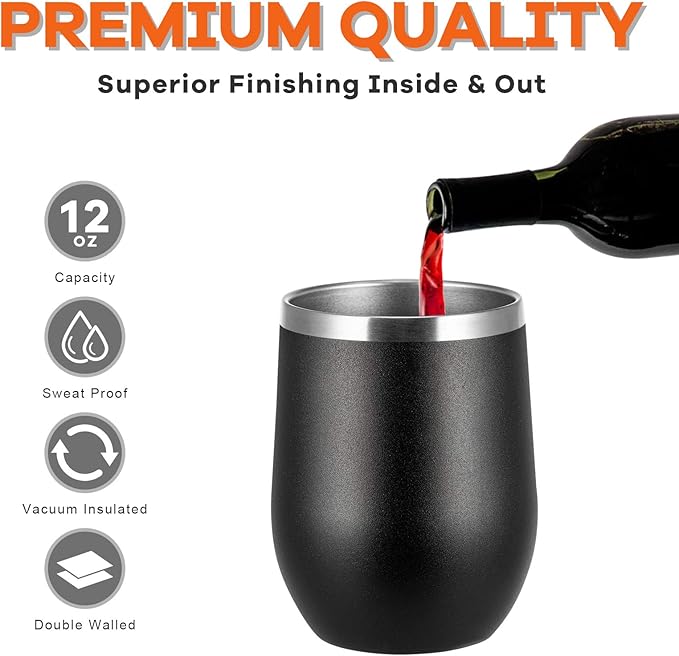 COMOOO Stainless Steel Wine Tumbler with Lid and Straw 12oz Double Wall Vacuum Insulated Travel Tumbler Cup for Coffee, Wine, Cocktails, Champagne (Black White Silver and Rose Gold,6 Pack)