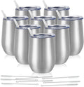 8 Pack 12Oz Stainless Steel Wine Tumblers, Insulated Wine Tumbler, Double Wall Insulated Wine Glass, Stainless Steel Stemless Wine Cups with Lids for Coffee, Wine, Cocktails, Champaign, Silver
