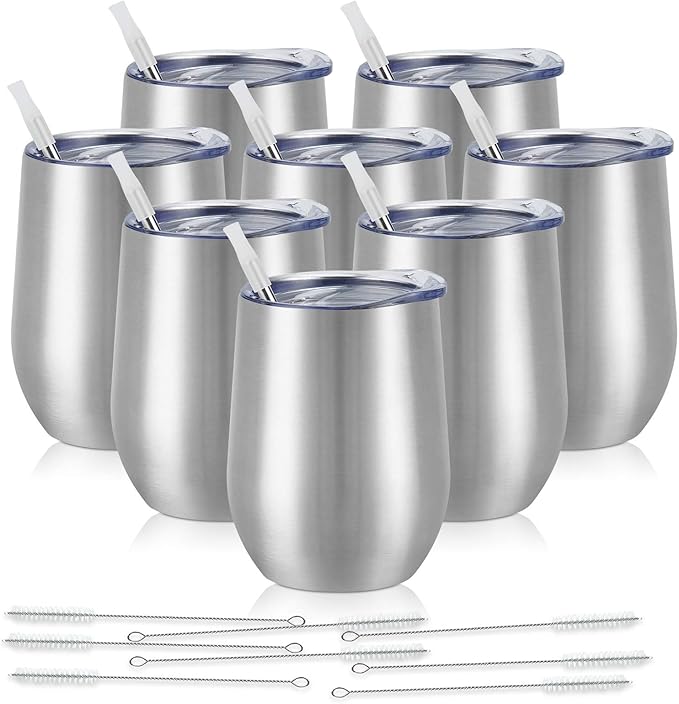 8 Pack 12Oz Stainless Steel Wine Tumblers, Insulated Wine Tumbler, Double Wall Insulated Wine Glass, Stainless Steel Stemless Wine Cups with Lids for Coffee, Wine, Cocktails, Champaign, Silver