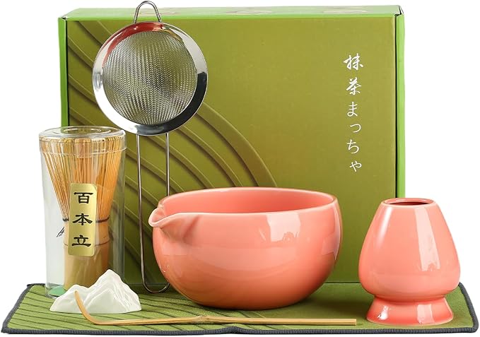 Matcha Whisk Set, Ceramic Matcha Bowl with Spout, Bamboo Whisk, Scoop, Sifter, Holder, Tea Towel, 7-Piece Matcha Kit Set for Making Breakfast/Latte, Round Pink, Large