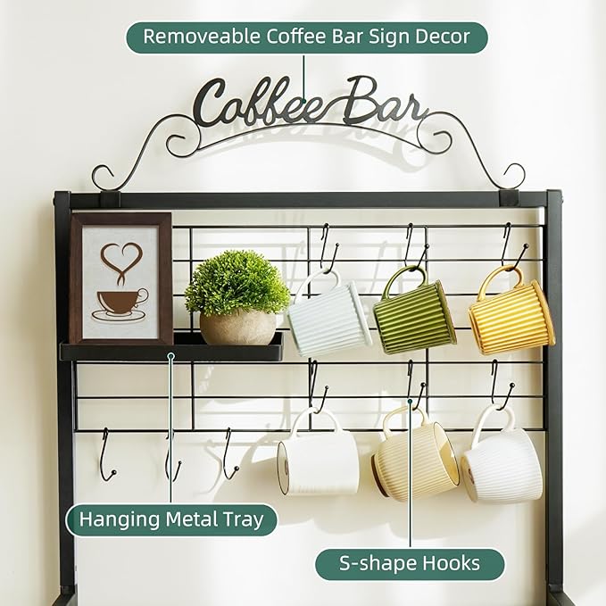 Coffee Bar Cart with Wheels, 5-tier Coffee Bar Table, Kitchen Coffee Bar Cabinet with Storage, Rustic Coffee Bar, Rolling Coffee Cart, Coffee Nook, Corner Coffee Bar Station with Drawer, Bakers Rack