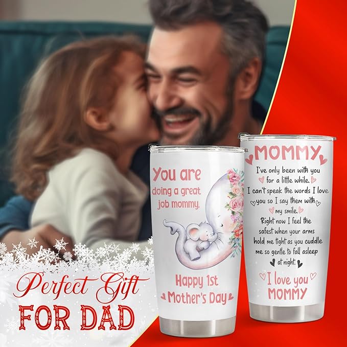 34HD Elephant Mom Tumbler 20oz, Stainless Steel Vacuum Insulated First Mothers Day Mug with Lid, Elephant Gifts for First Time, New, Expecting Mommy, Mother and Child Gifts