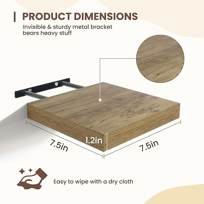 Fun Memories Floating Shelves for Wall - 7.5 Inch Square Shelves with Invisible Brackets, Grey Small Wall Shelf for Living Room, Bathroom, Bedroom, and Kitchen Decor，Set of 4