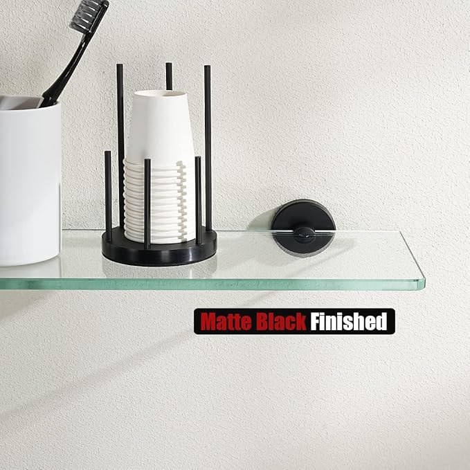 JQK Bathroom Glass Shelf Black, Tempered Glass Shower Storage 20 by 5 inches, 304 Stainless Steel Matte Black Wall Mount, 2 Pack, TGS101L20-PB-P2