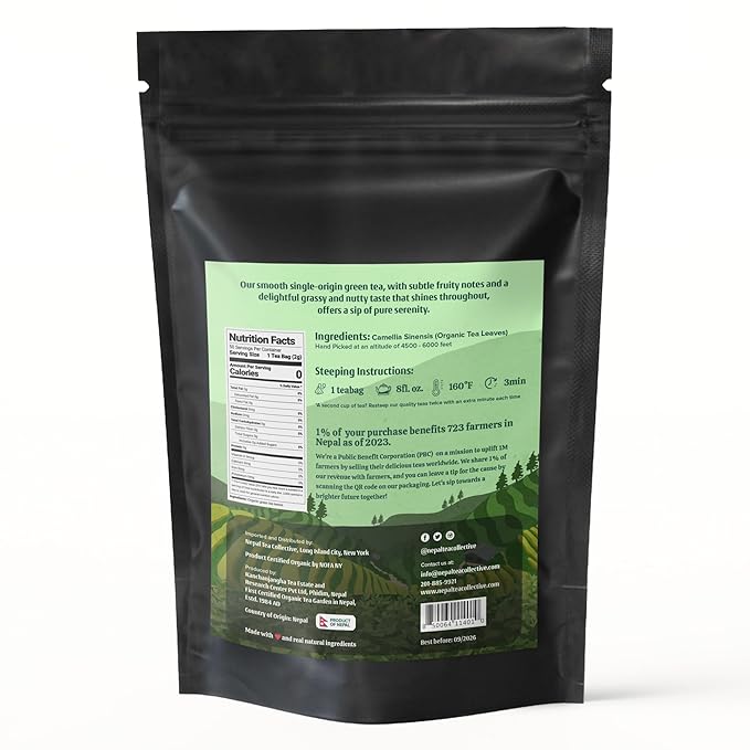 NEPAL TEA Organic Green Tea Bags from the Himalayas - 50 Pyramid Tea Bags, Single Origin from a Family Farm - Green Tea Bags with Loose Leaf Tea Inside (Himalayan Mist)