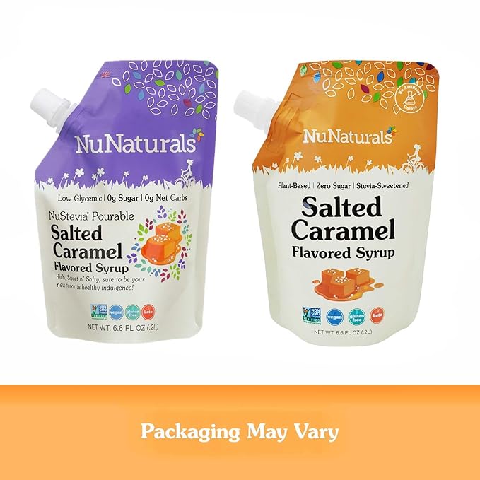NuNaturals Stevia Syrup, Sugar-Free Sweetener, Plant-Based Sugar Substitute, Zero Calorie, Salted Caramel, 6.6 oz (3-Pack)