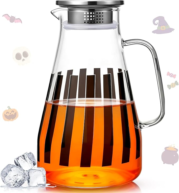 Domensi 74 oz / 2200 ml Glass Pitcher with Lid Water Pitcher with Handles Beverage Water Jar Glass Jug Hot and Cold Resistant Carafe for Tea Juice Milk Coffee Iced Beverage(Black Stripe)