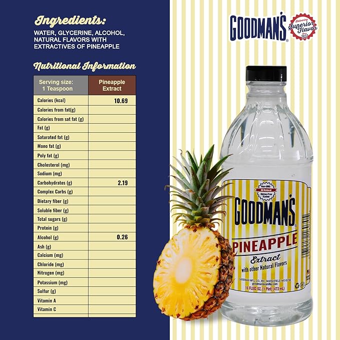 Goodman's Natural Pineapple Extract - Gluten-Free, Non-GMO, Kosher, Low Carb & Low Calorie, Low Alcohol, No Artificial Color, No Animal Products, No Sugar -Tropical Flavor for Baking & Cooking -1 Pint