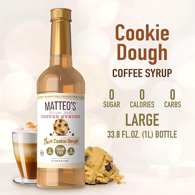 Matteo's Cookie Dough Syrup for Coffee, Lattes, Cappuccinos & Desserts – Sugar-Free Sweetener for Beverages, Keto Friendly, Zero Calories, Indulgent Flavor, Non-Alcoholic, 33.8oz (6pk)