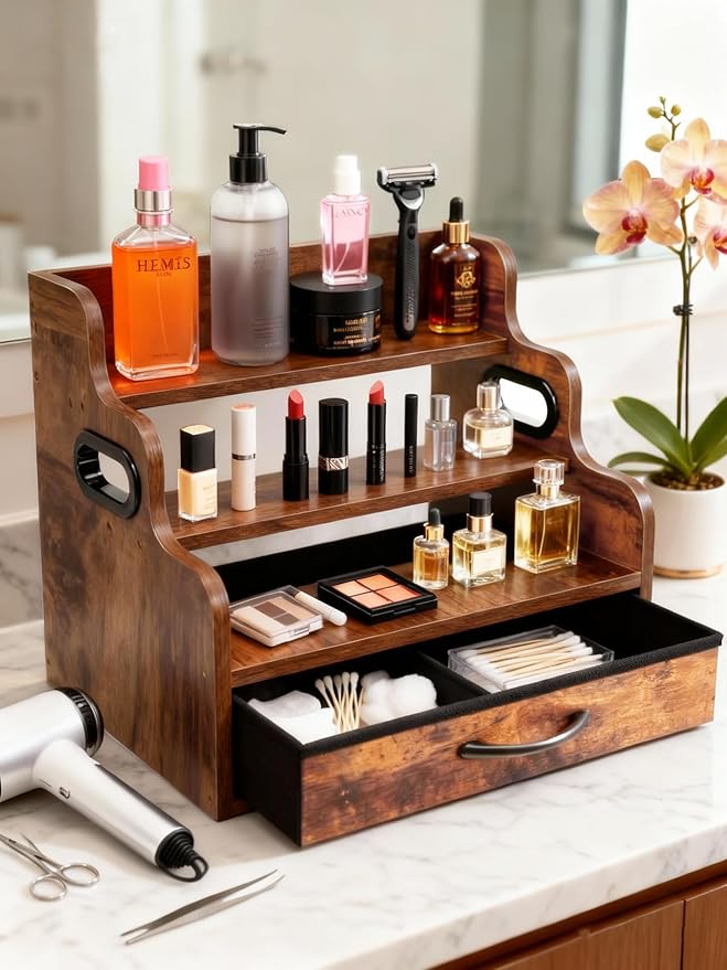 3-Tier Liquor Bottle Display Shelf with Drawers- Holds 12 Bottles & 36 K-Cups, Countertop Wine Rack, Coffee Syrup Rack, for Mini Bar, Whiskey, Spice Rack