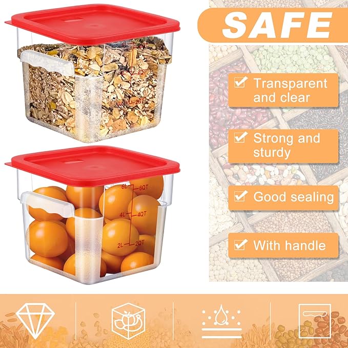 15 Sets 6 Qt Square Food Storage Containers with Lids Commercial Polycarbonate Containers Dough Proofing with Scale Clear Airtight Cereal for Pantry Home Restaurant