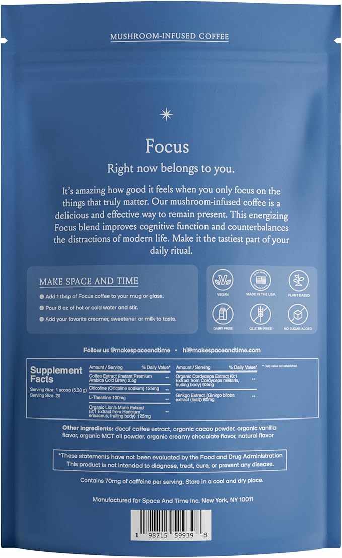 Mushroom Coffee, 20 Cups of Focus, Productivity & Clean Energy, Instant Mushroom Coffee with Lions Mane, Cordyceps and L-Theanine