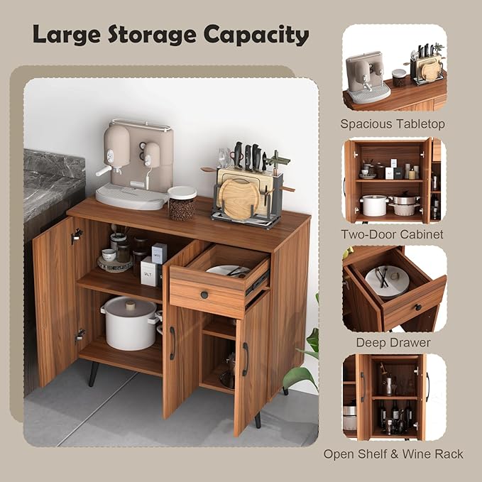 Buffet Cabinet with Storage, Sideboard Cabinet with Drawers, Kitchen Storage Cabinet w/Doors & Shelves, Farmhouse Buffet Table, Bar Cabinet for Kitchen, Dining Living Room, Entryway (3 Doors)