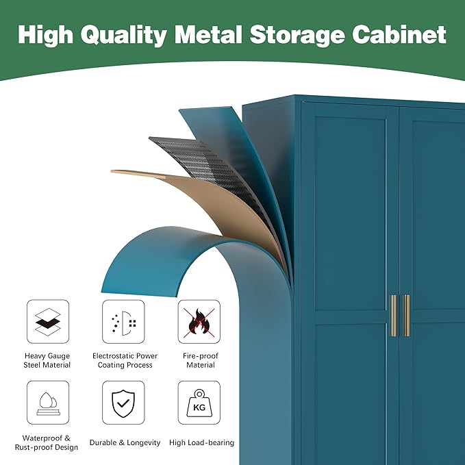 Bathroom Storage Cabinet Freestanding, 61" Tall Metal Cabinets with Doors and Shelves, Blue Metal Pantry Cabinet for Kitchen, Living Room, Home Office