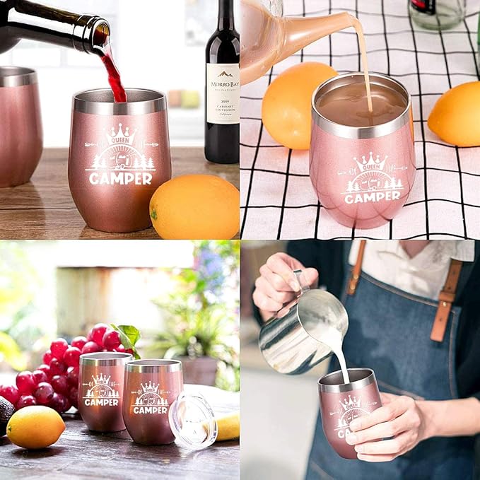 Queen Of The Camper Wine Tumbler, Happy Camper Gifts 12oz Cup, Gifts For Camping lover Outdoors, RV Hiking Camping Coffee Mugs, Camper Lover Couples Glass for Women