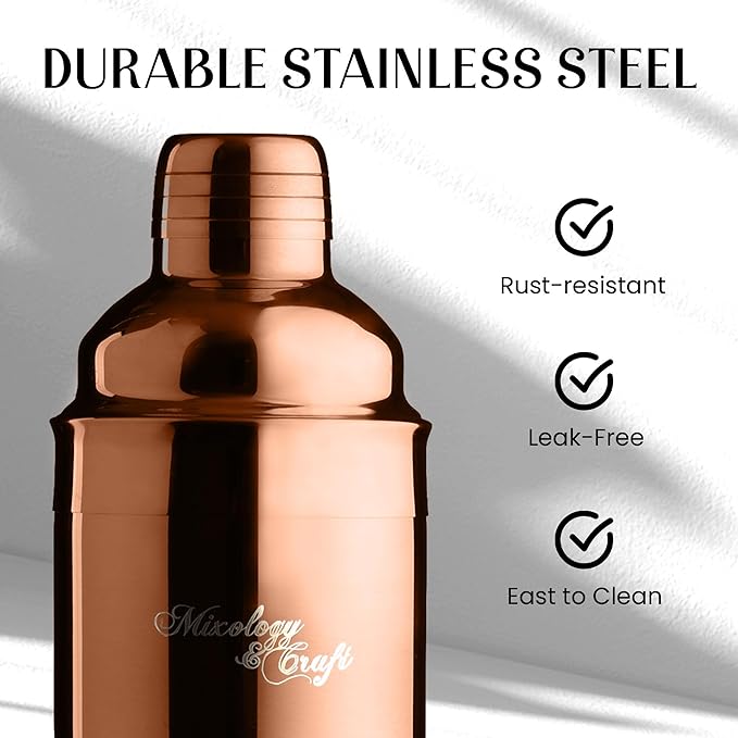 Mixology & Craft 11-Piece Cocktail Shaker Set, Bartender Kit with Stand, Stainless Steel Bar Tools, Dual Jiggers, Muddler & Pourers, Wood Display for Home Bar - Gift Ready (Copper)