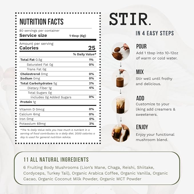 STIR Premium Instant Mushroom Coffee | Lion’s Mane, Chaga, Reishi, Cordyceps, Shiitake, Turkey Tail | Organic Cacao, Vanilla, Coconut MCTs | Focus, Energy, Digestion Support | 30 Servings