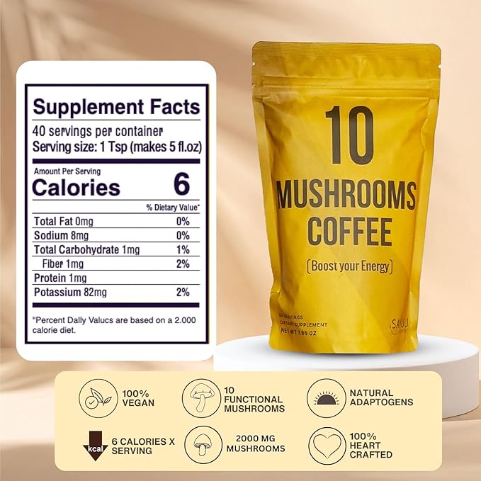 SAYUU 10 Mushroom Coffee Blend - Premium Colombian Coffee with Lion's Mane, Reishi, Cordyceps, Chaga, Maitake, Shiitake & Turkey Tail - Energy, Focus & Immune Support - Organic 40 Servings