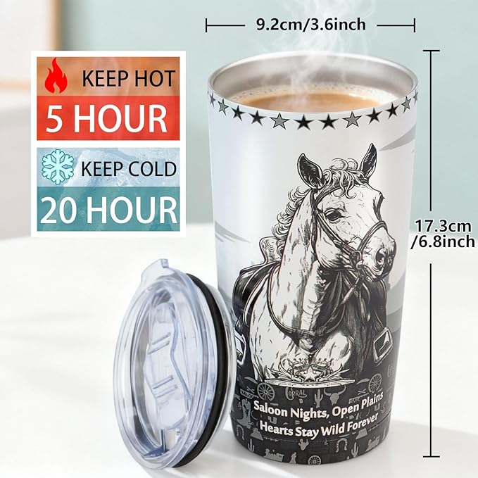 20oz Western Cowboy Horse Tumbler | Stainless Steel Double Vacuum Insulated | Leakproof Travel Mug for Keeps Drinks(20H Cold/5H Hot) | Cup Holder Friendly