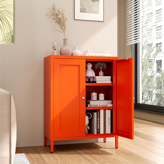 Metal Bathroom Cabinet, Small Floor Storage Cabinet, Freestanding Sideboard with 2 Adjustable Shelves for Living Room, Dinging Room (Orange, 31.5" H-2 Doors)