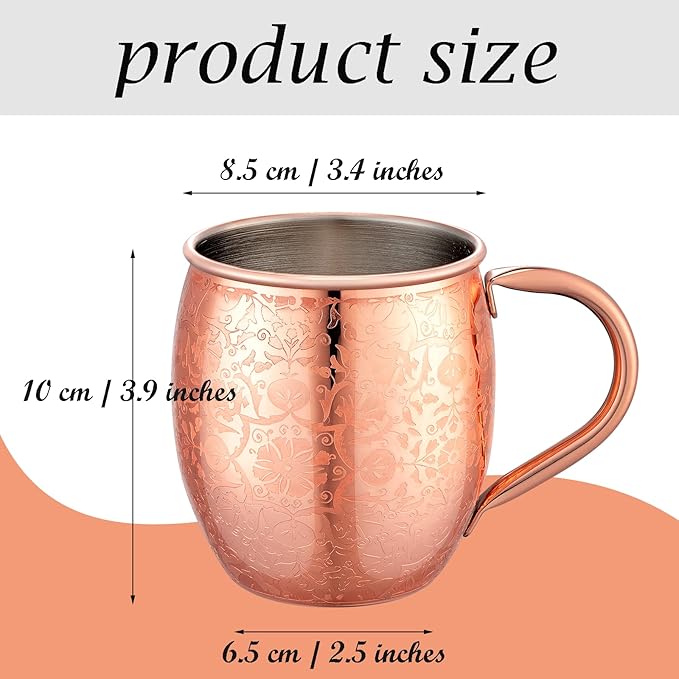 Moscow Mule Mugs - 18 Oz Copper-Plated Fine Craftsmanship Etched Mugs,304 Stainless Steel-Lined Mule Cups,For Cold Drinks, Beer, Wine, Bars, Parties