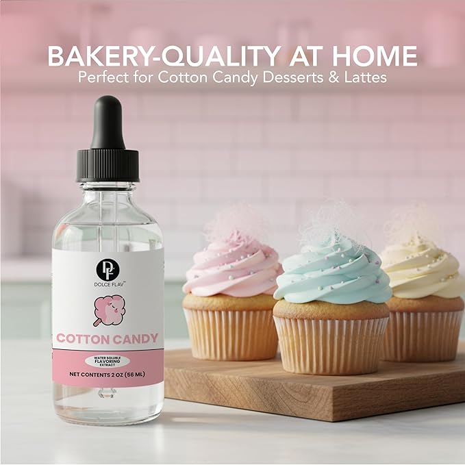 Dolce Flav Natural Cotton Candy Extract – 2 Ounce Water-Soluble Kosher, Sugar-Free, Concentrated Carnival-Style Flavoring for Baking, Frostings & Drinks, Includes Measured Dropper