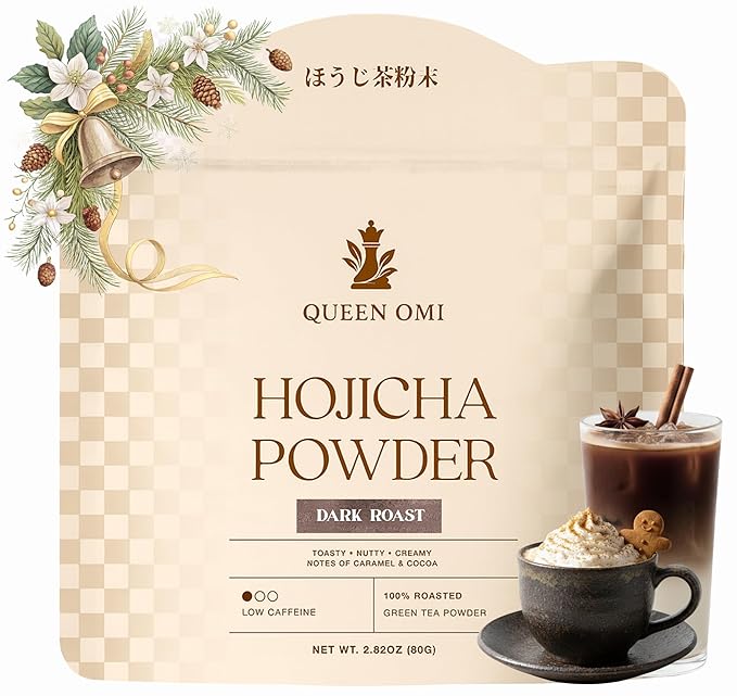 Queen Omi Organic Hojicha Powder | 80g | 100% Organic Japanese Roasted Green Tea Powder—Matcha & Coffee Alternative | Low Caffeine, Antioxidant-Rich, Smooth, Toasty, Nutty Flavor (Dark Roast)