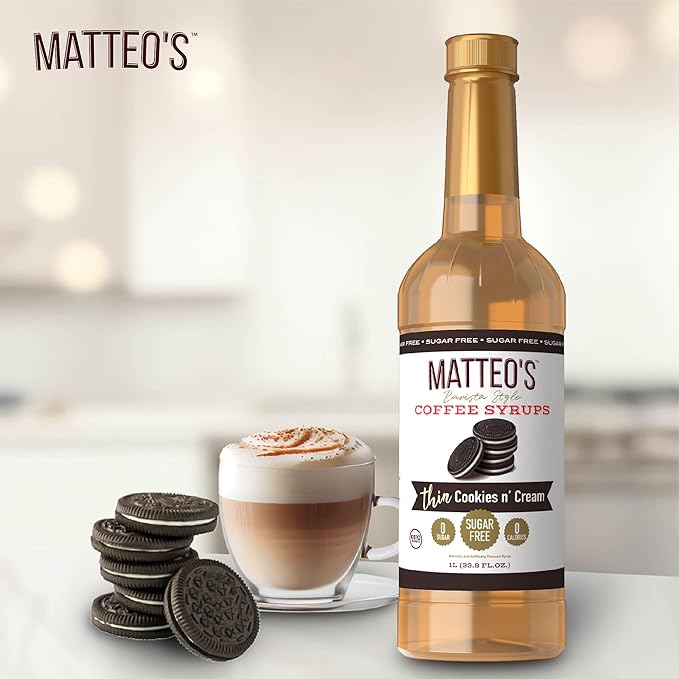 Matteo's Cookies and Cream Syrup for Coffee, Lattes, Cappuccinos & Desserts – Sugar-Free Sweetener for Beverages, Keto Friendly, Zero Calories, Indulgent Flavor, Non-Alcoholic, 33.8oz (1pk)