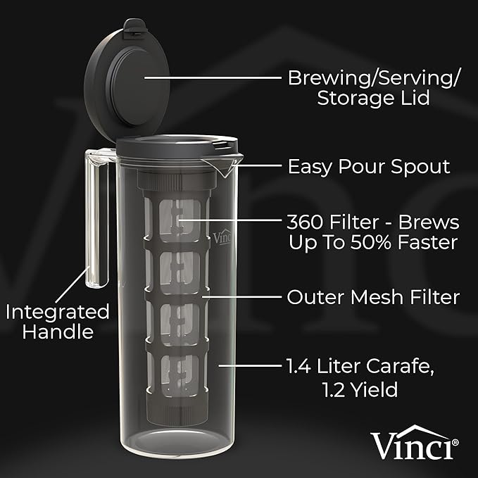 VINCI Cold Brew 360, Plastic Cold Brew Coffee Maker Featuring Patented Dual Filter 360 Brewing Technology, Cold Brew for Iced Coffee (1.4 Liter / 47 FL.OZ)