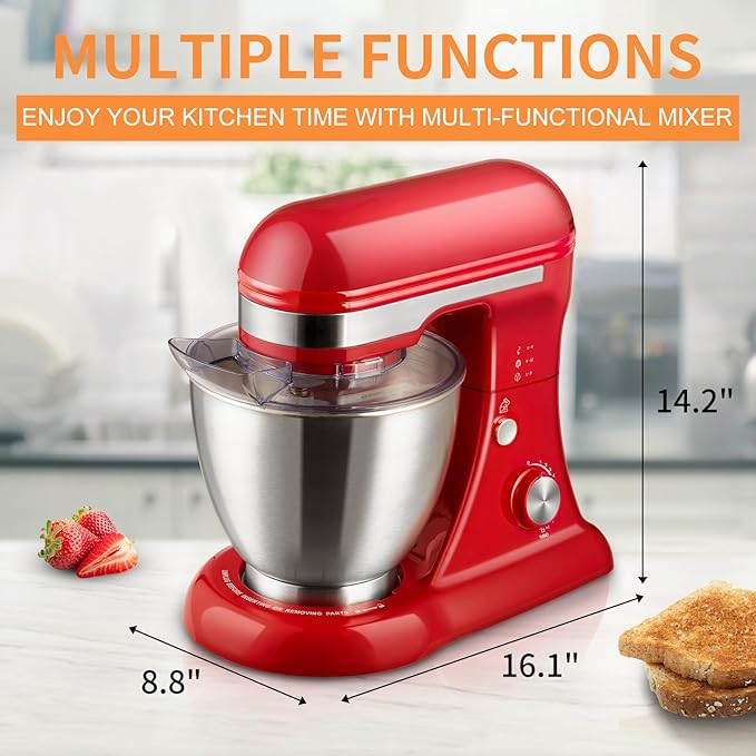 4.8QT Stand Mixer, 12-Speed Electric Kitchen Mixer with Tilt-Head, Stainless Steel Bowl, Egg Whisk, Dough Hook & Beater – Lightweight, Compact for Small Kitchens (Red)