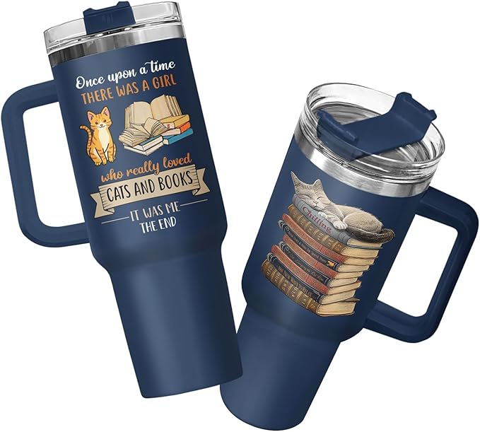 34HD Cat Coffee Tumbler with Handle & Straw, 40 oz Stainless Steel Vacuum Insulated Cat Book Travel Mug, Birthday Christmas Mothers Day Gifts for Pet Lovers Women Mom Librarian Her