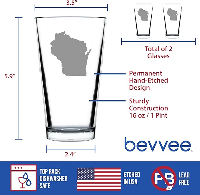 Wisconsin State Outline - Pint Glasses for Beer - Set of 2 - State Themed Drinking Decor and Gifts for Wisconsinites - 16 Ounce