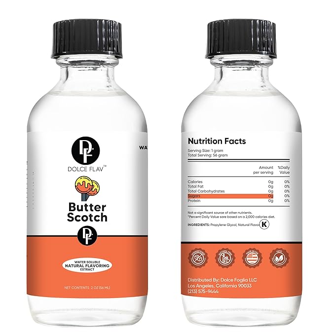 Dolce Flav Natural Butterscotch Extract – 8 Ounce Water-Soluble Kosher, Sugar-Free, Concentrated Rich Butterscotch Flavoring for Baking, Beverages & Desserts, Includes Measured Dropper