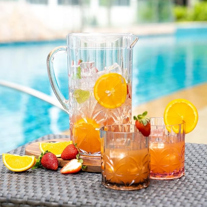 BELLAFORTE Shatterproof Tritan Plastic Water Pitcher with Lid, Myrtle Beach 88oz Unbreakable Drinking Jug for Orange Juice, Iced Tea & Water - Dishwasher Safe - BPA Free - Clear
