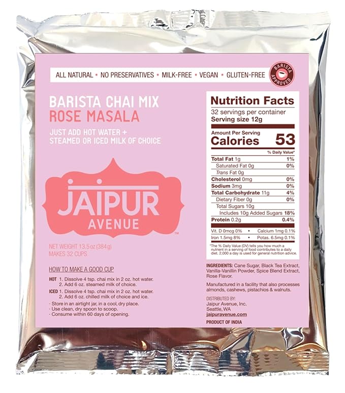 Jaipur Avenue Barista Chai Tea Mix - RoseMasala (without Milk) - Vegan, Preservative-Free, Gluten-Free, Dairy- Free, and Authentic Masala Chai Tea Latte - 13.5 oz, Makes 32 Cups