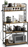 JUMMICO Backers Rack with Power Outlet, 39.4" W Kitchen Microwave Stand with 8 S-Shaped Hooks, 5 Tiers Coffee Bar Station Storage Shelf for Spices, Pots, Rustic Brown