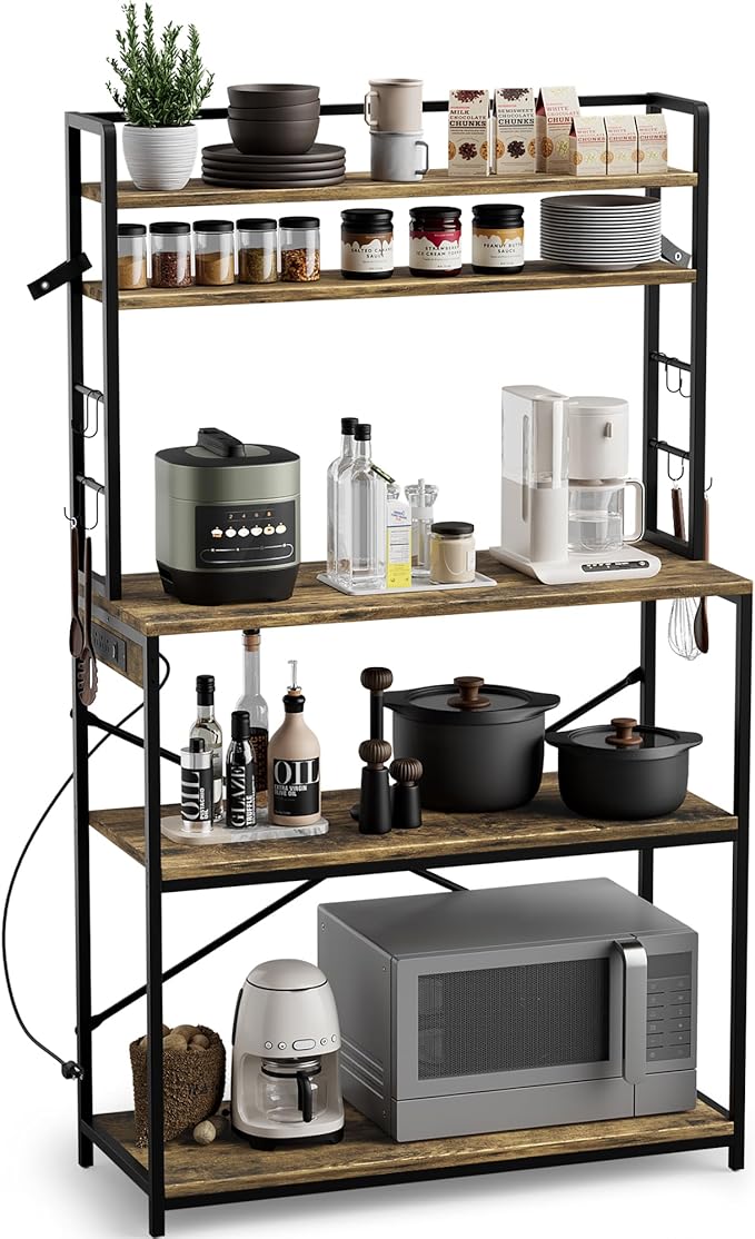 JUMMICO Backers Rack with Power Outlet, 39.4" W Kitchen Microwave Stand with 8 S-Shaped Hooks, 5 Tiers Coffee Bar Station Storage Shelf for Spices, Pots, Rustic Brown