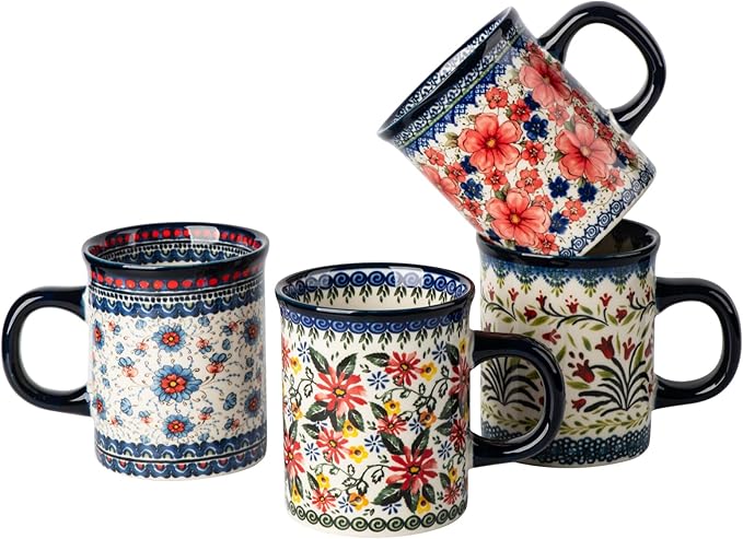 Ceramic Latte Mug Set of 4, 15.5oz Hand Painted Porcelain Coffee Cups With Handle for Tea/Milk/Cocoa - Modern Retro Design For Any Kitchen. Microwave and Dishwash Safe (Assorted Colors)