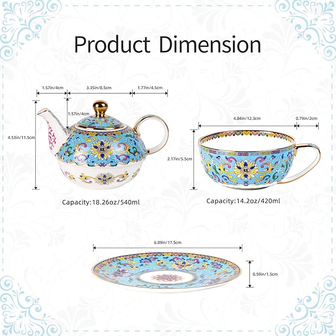 Tea for One, Porcelain Teapot and Cup Set, Vintage Tea Pot and Saucers Set, Ceramic Tea Set for Tea Party, Office and Home, Lake Blue Tea Cups and Saucer Set for Coffee, Cappuccino, Tea