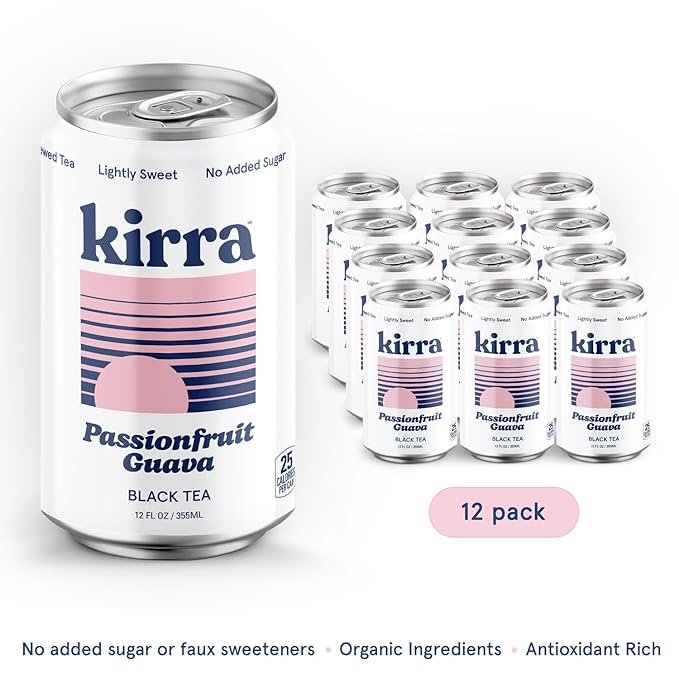 Kirra Organic Iced Tea 12 Pack - Passion Fruit Guava Black Teas - Lightly Sweetened with Organic Juice - No Added Sugar or Artificial Sweeteners - Passion Fruit + Guava Flavor
