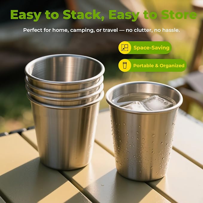 8 Pack 8oz Stainless Steel Cups, Stainless Steel Stacking Beer Pint Cups, Stainless Steel Water Tumbler for Home, Party, Camping, Outdoor, Stackable Drinking Glasses, Reusable, BPA Free